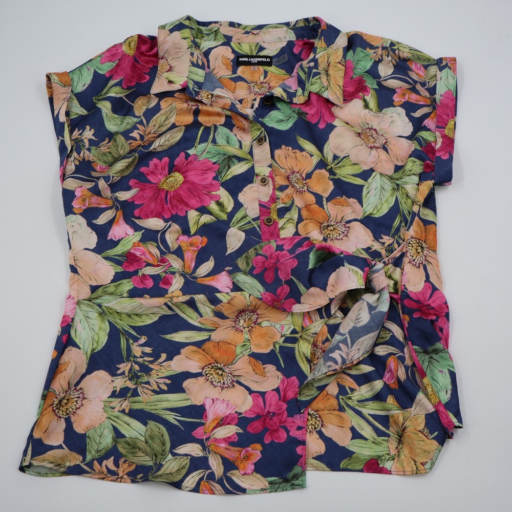 Karl Lagerfeld Paris Blouse Womens XL Navy Floral Side Tie Cap Sleeve Top